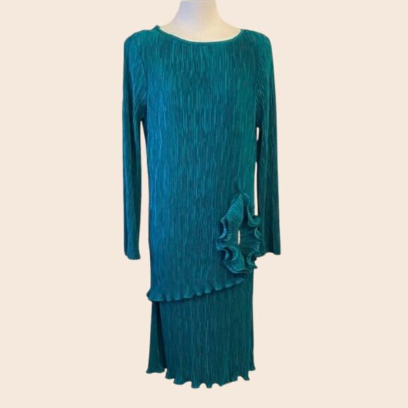Vintage 80's Pleated Teal Long Sleeve Cocktail Dress Size 9/10 - Picture 1 of 16